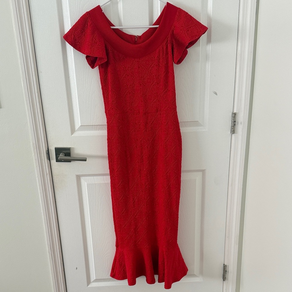 Opening Ceremony Red Off-Shoulder Ruffle-Hem Midi Dress